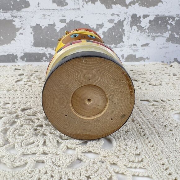 Vtg Wooden Pin Cushion Doll Thimble Cut Out Belly Button Hand Painted Kitschy - Picture 4 of 8